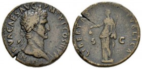 Nerva, 96-98 Sestertius 97, Æ 32.5mm., 23.15g. IMP NERVA CAES AVG P M TR P COS III P P Laureate head right. Rev. LIBERTAS – PVBLICA S – C Libertas sta...