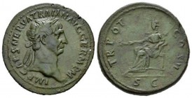 Trajan, 98-117 Sestertius 99-100, Æ 34.5mm., 27.82g. IMP CAES NERVA TRAIAN – AVG GERM P M Laureate bust r., with drapery on l. shoulder. Rev. TR POT C...