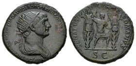 Trajan, 98-117 Dupondius 116-117, Æ 27.5mm., 13.72g. IMP CAES NER TRAIANO OPTIMO AVG GER DAC PARTHICO P M TR P COS VI P P Radiate and draped bust r. R...