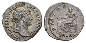 Hadrian, 117-138 Denarius 119-122, AR 18.5mm., 3.26g. IMP CAESAR TRAIAN HADRIANVS AVG Laureate bust r. with drapery on l. shoulder. Rev. P M TR P COS ...