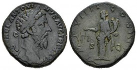 Marcus Aurelius, 161-180 Sestertius 177-178, Æ 29.5mm., 24.30g. M AVREL ANTONINVS AVG TR P XXXII Laureate head right. Rev. IMP VIIII COS III PP Aequit...