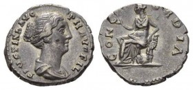 Faustina junior, daughter of Antoninus Pius and wife of Marcus Aurelius Denarius 138-161, AR 18mm., 3.46g. FAVSTINA AVG PII AVG F Draped bust right. R...