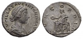 Lucilla, daughter of M. Aurelius and wife of Lucius Verus Denarius 164 - 169, AR 18mm., 3.31g. LVCILLAE AVG ANTONINI AVG F Draped bust r., hair tied u...