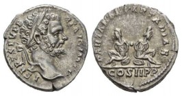 Septimius Severus, 193-211 Denarius 195, AR 18.5mm., 3.36g. L SEPT SEV PERT AVG IMP V Laureate head r. Rev. PART ARAB PART ADIAB Two captives seated r...