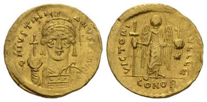 Justinian I, 527 – 565 Solidus 538-545, AV 20.5mm., 4.37g. D N IVSTINI – ANVS P ...