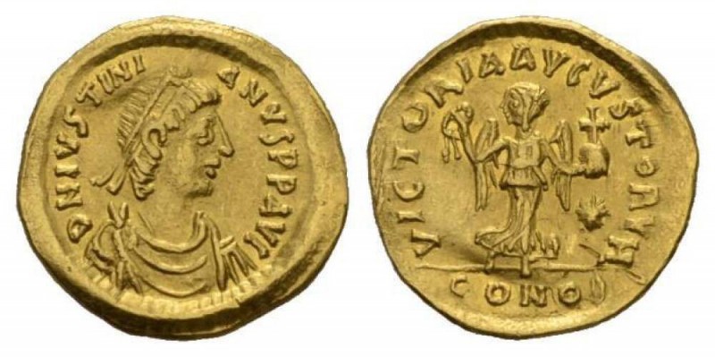 Justinian I, 1 August 527 – 14 November 565 Tremissis 527-565, AV 15mm., 1.19g. ...