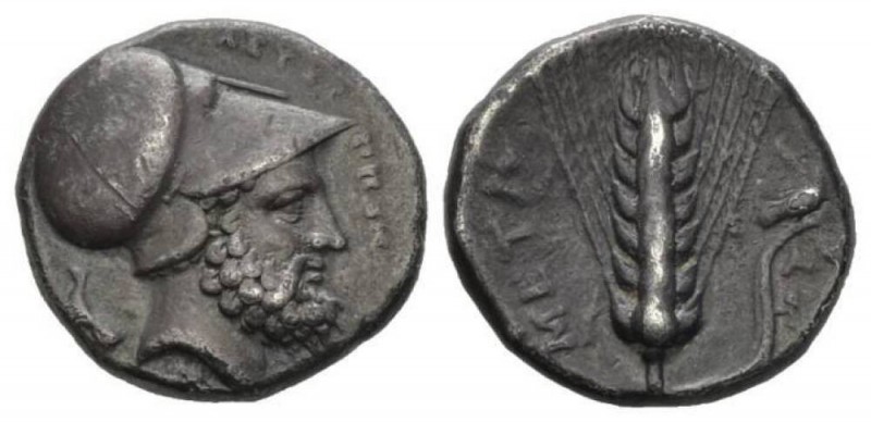 Lucania, Metapontum Nomos circa 340-330, AR 20.5mm., 7.84g. ΛEYKIΠΠOΣ Head of Le...