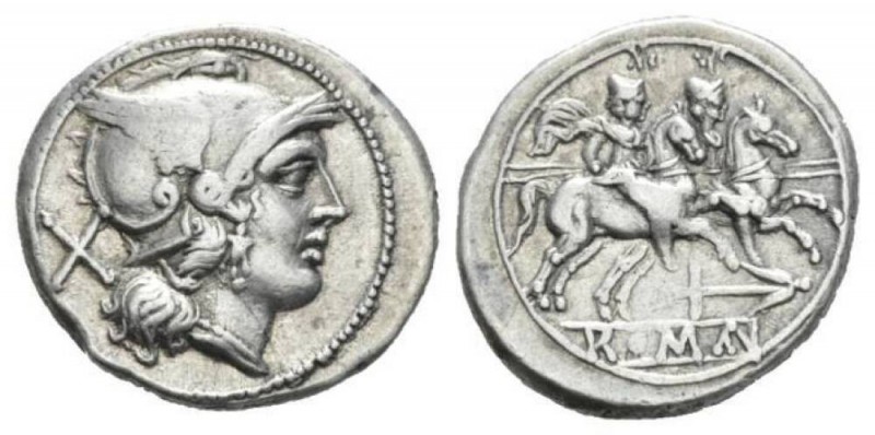 Anchor (first) series Denarius circa 209-208, AR 20mm., 4.12g. Helmeted head of ...