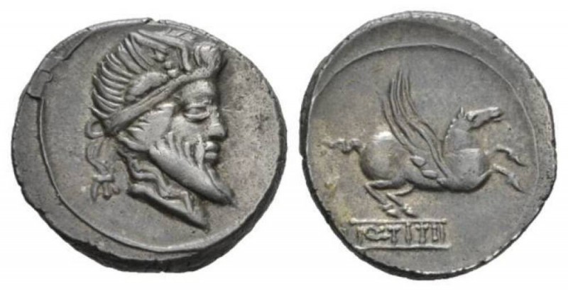 Q. Titius. Denarius 90, AR 19mm., 3.95g. Head of Mutinus Titinus r., wearing win...