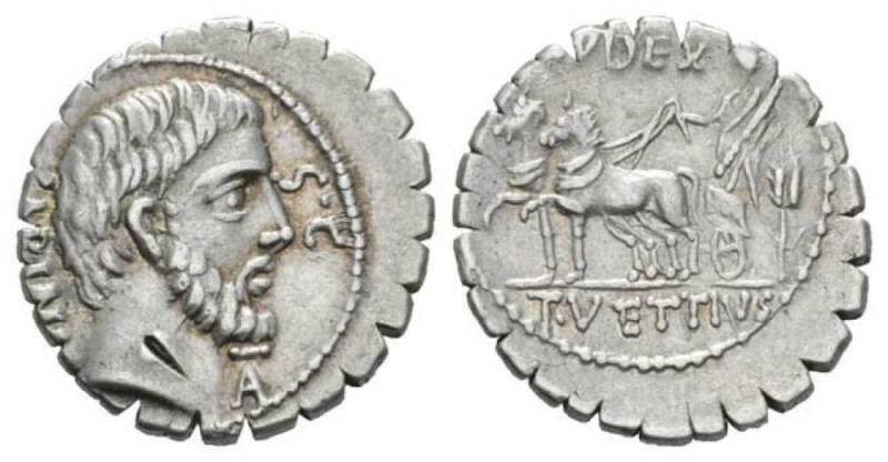 T. Vettius Sabinus. Denarius serratus 70, AR 20mm., 3.97g. Bearded head of King ...