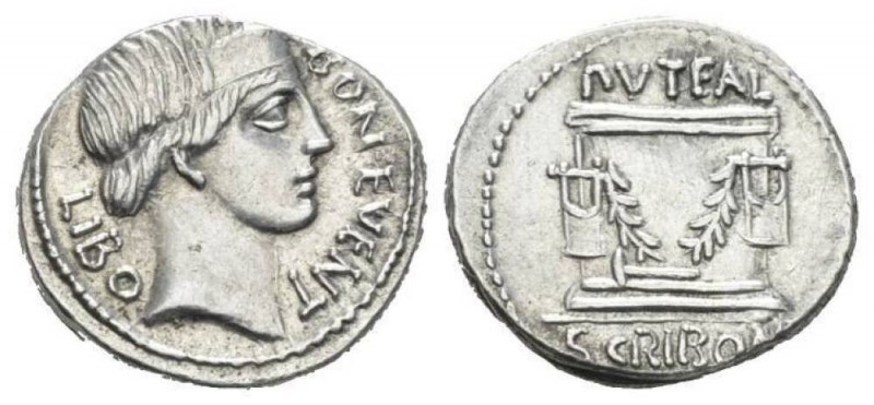 L. Scribonius Libo. Denarius 62, AR 19.5mm., 3.86g. BON EVENT – LIBO Diademed he...