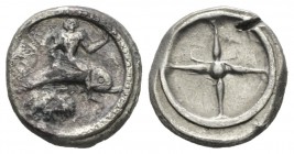 Calabria, Tarentum Nomos 480-470, AR 17mm., 7.59g. TARAS (retrograde) Phalanthos riding dolphin r., raising l. hand. Below, shell. Rev. Wheel of four ...