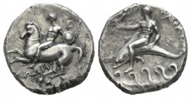 Calabria, Tarentum Nomos 280-272, AR 21mm., 7.81g. Horseman galloping l; holding small shield. Below, Rev. TAPAΣ Taras seated on dolphin left, holding...