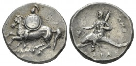 Calabria, Tarentum Nomos 280-272, AR 21.5mm., 6.47g. Warrior on horseback advancing left, holding shield decorated with star and two spears; below, AΠ...