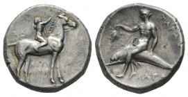 Calabria, Tarentum Nomos 270-235, AR 21mm., 7.85g. Boy rider r. crowning his horse. Rev. TAPAΣ Taras on dolphin l., holding bunch of grapes; below, AΓ...