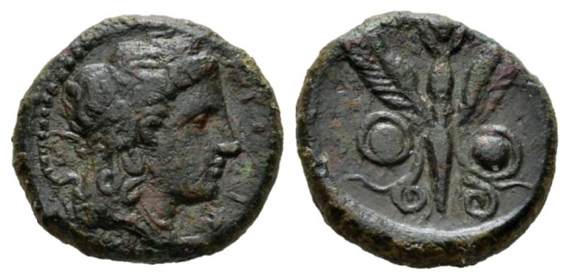 Sicily, Kronia Hemilitron 336-317, Æ 18.5mm., 5.60g. KPONIA Head of Kore r.; wea...