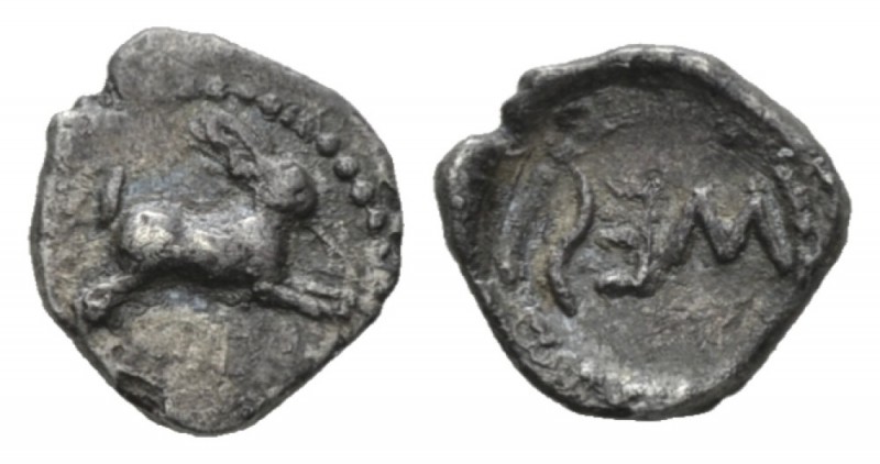 Sicily, Messana Obol Circa 480-460, AR 10mm., 0.65g. Hare leaping r. Rev. MEΣ (r...