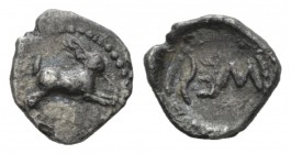 Sicily, Messana Obol Circa 480-460, AR 10mm., 0.65g. Hare leaping r. Rev. MEΣ (retrograde) within wreath. Clatabiano 242. SNG ANS 323.

Toned. Good ...