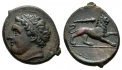 Sicily, Syracuse Bronze 317-289, Æ 24mm., 7.89g. Diademed head of young Heracles l. Rev. Lion r.; above, club. Calciati 150 Ds 14.
 
 Brown-green pa...