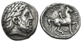 Kingdom of Macedon, Philip II 359-336 Amphipolis Tetradrachm Amphipolis 342-328, AR 23.5mm., 13.96g. Laureate head of Zeus right. Rev. ΦIΛIΠ – ΠOY Hor...