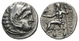 Kingdom of Macedon, Alexander III, 336 – 323 Kolophon Drachm 319-310, AR 17.5mm., 4.32g. Head of young Herakles r., wearing lion skin headdress. Rev. ...