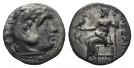 Kingdom of Macedon, Kolophon Drachm 310-301, AR 17.5mm., 3.88g. Head of Herakles r., wearing lion skin. Rev. AΛΕΞΑΝΔΡΟΥ Zeus seated l. with sceptre an...
