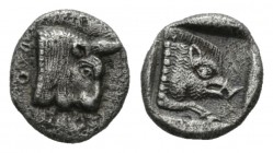 Phocis, Federal coinage Obol Federal coinage circa 485-480, AR 9mm., 0.86g. A bull’s head in profile, the beaded truncation is curved, F above O behin...