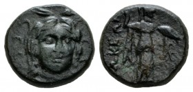 Phocis, Federal Coinage Bronze II century, Æ 16.5mm., 4.80g. Facing head of Demeter, wreathed in wheat, with two ears of it showing above her head. Re...