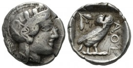 Attica, Athens Tetradrachm 449-420, AR 26.5mm., 17.03g. Head of Athena r., wearing crested Attic helmet. Rev. Owl, with closed wings, standing r. with...