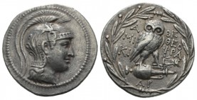 Attica, Athens Tetradrachm 137-136, AR 33mm., 16.85g. Helmeted head of Athena r. Rev. Owl standing r., head facing, on amphora; in l. field, A/MI/KI; ...