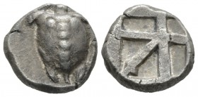 Aegina, Aegina Stater circa 480-457, AR 20.5mm., 12.24g. Sea turtle. Rev. Skew pattern within incuse square. Milbank pl. 1, 15. Dewing 1674.

About ...