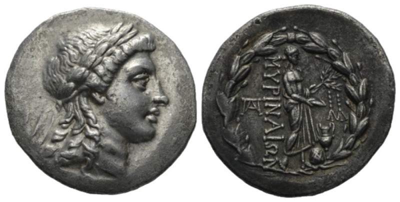 Aeolis, Myrina Tetradrachm after 165, AR 33mm., 16.10g. Laureate head of Apollo ...