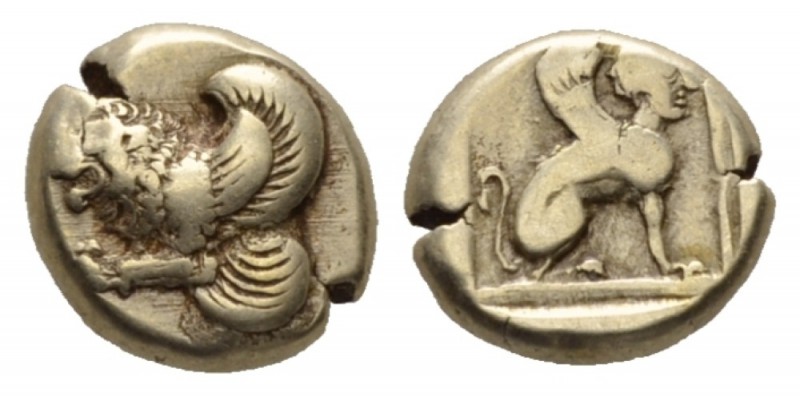 Lesbos, Mytilene Hecte circa 412-378, EL 10.5mm., 2.50g. Winged lion l. Rev. Sph...
