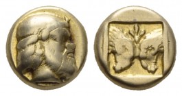 Lesbos, Mytilene Hecte 440-400, EL 10.5mm., 2.47g. Head of an aged satyr facing r. Rev. Two confronted heads of rams; above, palmette. Bodenstedt 37....
