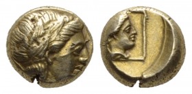 Lesbos, Mytilene Hecte circa 377-326, EL 10.5mm., 2.57g. Laureate head of Apollo right. Rev. Draped female head right within linear square border. Bod...