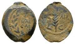 Judaea, Valerius Gratus, 15-26 Jerusalem Prutah 15-26, Æ 16mm., 2.40g. Legend in three lines within wreath. Rev.Palm; date across field. Meshorer 328a...