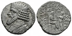 Parthia, Gotarzes II, 40-51 Seleucia on the Tigris Tetradrachm Circa 45-46 (SE 358), AR 27.5mm., 14.40g. Diademed and draped bust l. Rev. Gotarzes sea...