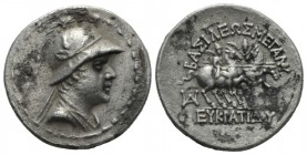 Bactria, Eucratides I, circa 171 – 145 Balkh Tetradrachm 171-145, AR 31mm., 16.41g. Draped bust of Eucratides r., wearing horned helmet; all within be...