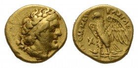 The Ptolemies, Ptolemy I as king, 305-282. Alexandria Triobol 300-285, AV 10.5mm., 1.73g. Diademed head of Ptolemy I r., lion's skin tied around neck....