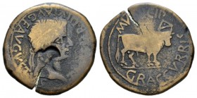 Hispania, Graccuris Tiberius, 14-37 As 14-37, Æ 28mm., 12.13g. Laureate head r. Rev. Bull standing r., head facing; above head, pediment. RPC 429.

...