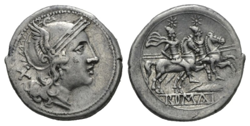 Denarius Sicily circa 211-210, Æ 20.5mm., 4.47g. Helmeted head of Roma r.; behin...