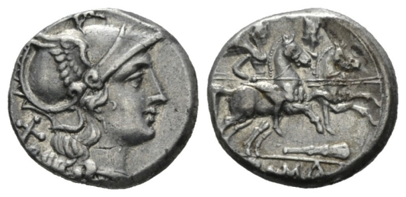 Denarius South East Italy circa 208, AR 18mm., 4.34g. Helmeted head of Roma r.; ...