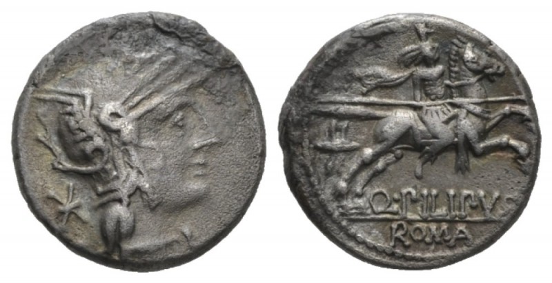 Q. Marcius Philippus. Denarius 129, AR 17mm., 3.73g. Helmeted of Roma r., with s...