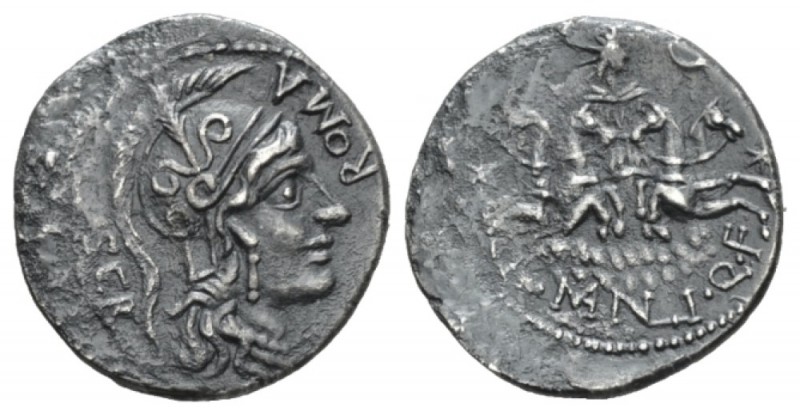 A. Manlius Q. f. Sergianus Denarius 118-107, AR 20mm., 3.28g. SER – ROMA Helmete...