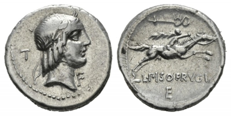 L. Piso Frugi Denarius 90, AR 18.5mm., 3.78g. Laureate head of Apollo r.; behind...