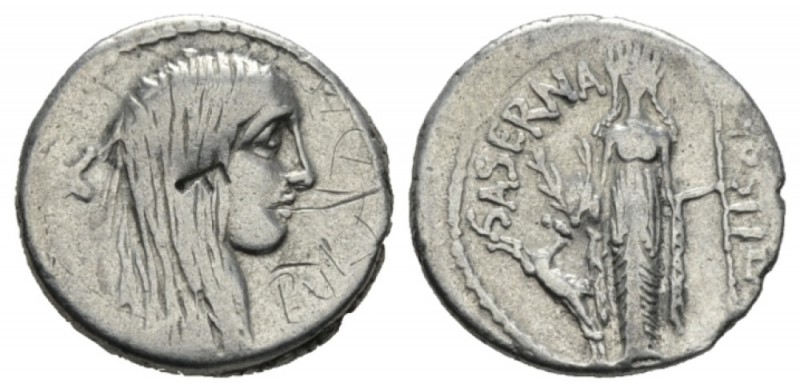 L. Hostilius Saserna. Denarius 48, AR 19mm., 3.71g. Female head r. with long hai...