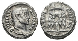 Diocletian, 284-305 Argenteus Rome 295-297, AR 18mm., 3.31g. DIOCLETI – ANVS AVG Laureate head r. Rev. VIRTVS – MILITVM The four tetrarchs sacrificing...
