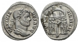 Maximianus Herculius, first reign 286-305 Argenteus Rome 294, AR 19mm., 2.71g. Laureate head r. Rev. Turreted camp gate with the four tetrarchs sweari...