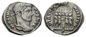 Maximianus Herculius, first reign 286-305 Argenteus 295-297, AR 19.5mm., 3.05g. MAXIMIA – NVS AVG Laureate head r. Rev. VIRTVS – MILITVM Six-turreted ...