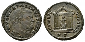 Maximianus Herculius, second reign 306-308 Follis Ticinum 307-308, Æ 26mm., 5.95g. IMP C M MAXIMIANVS P F AVG Laureate bust r. Rev. CONSERV VRB SVAE R...
